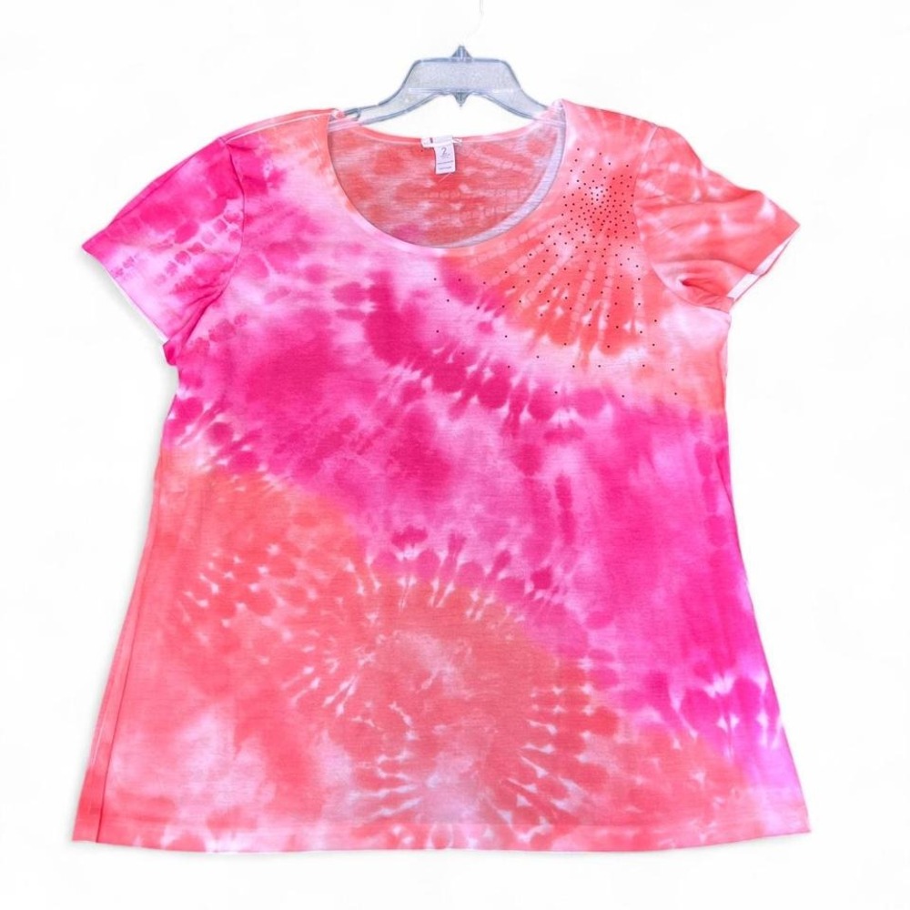 Chico's Pink orange tie-dye bedazzled rhinestone short sleeve t-shirt size 2 USA